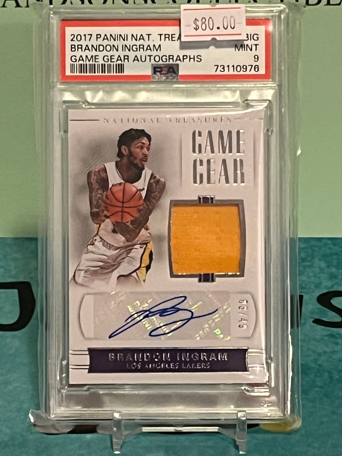 Brandon Ingram 2017-18 National Treasures Game Gear Jersey Auto /49 #GG-BIG PSA 9