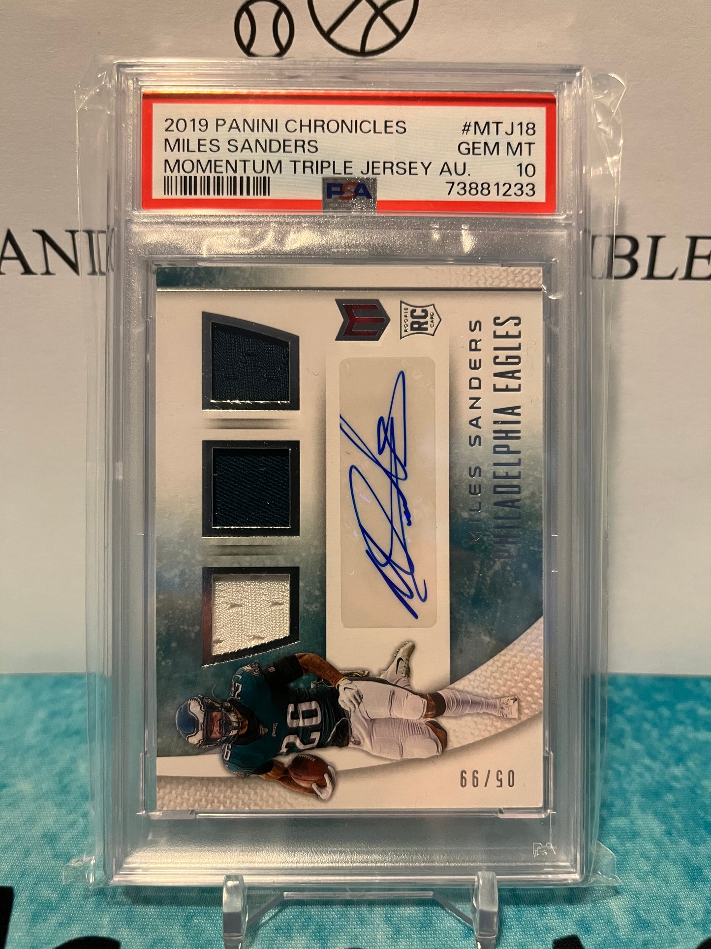 2019 Panini Chronicles Miles Sanders Momentum Triple Jersey Autograph /99 PSA 10 Pop 1