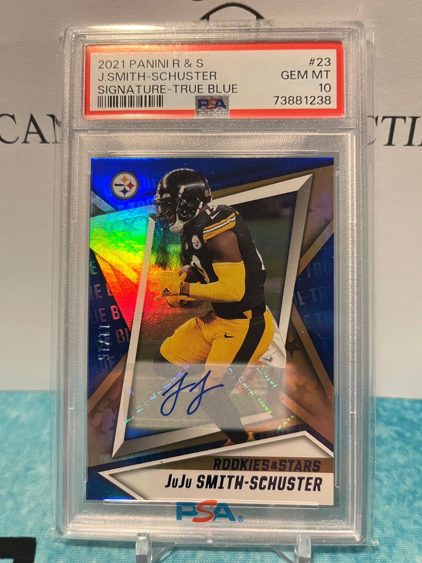 2021 Panini Rookies and Stars JJ Smith Schuster Signature True Blue /15 PSA 10 Pop 1