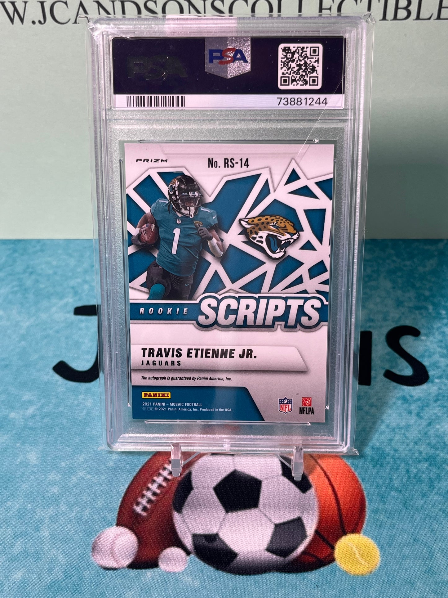 2021 NFL FOOTBALL Panini Mosaic - Rookie Scripts AUTO Travis Etienne RC Jaguars PSA 9