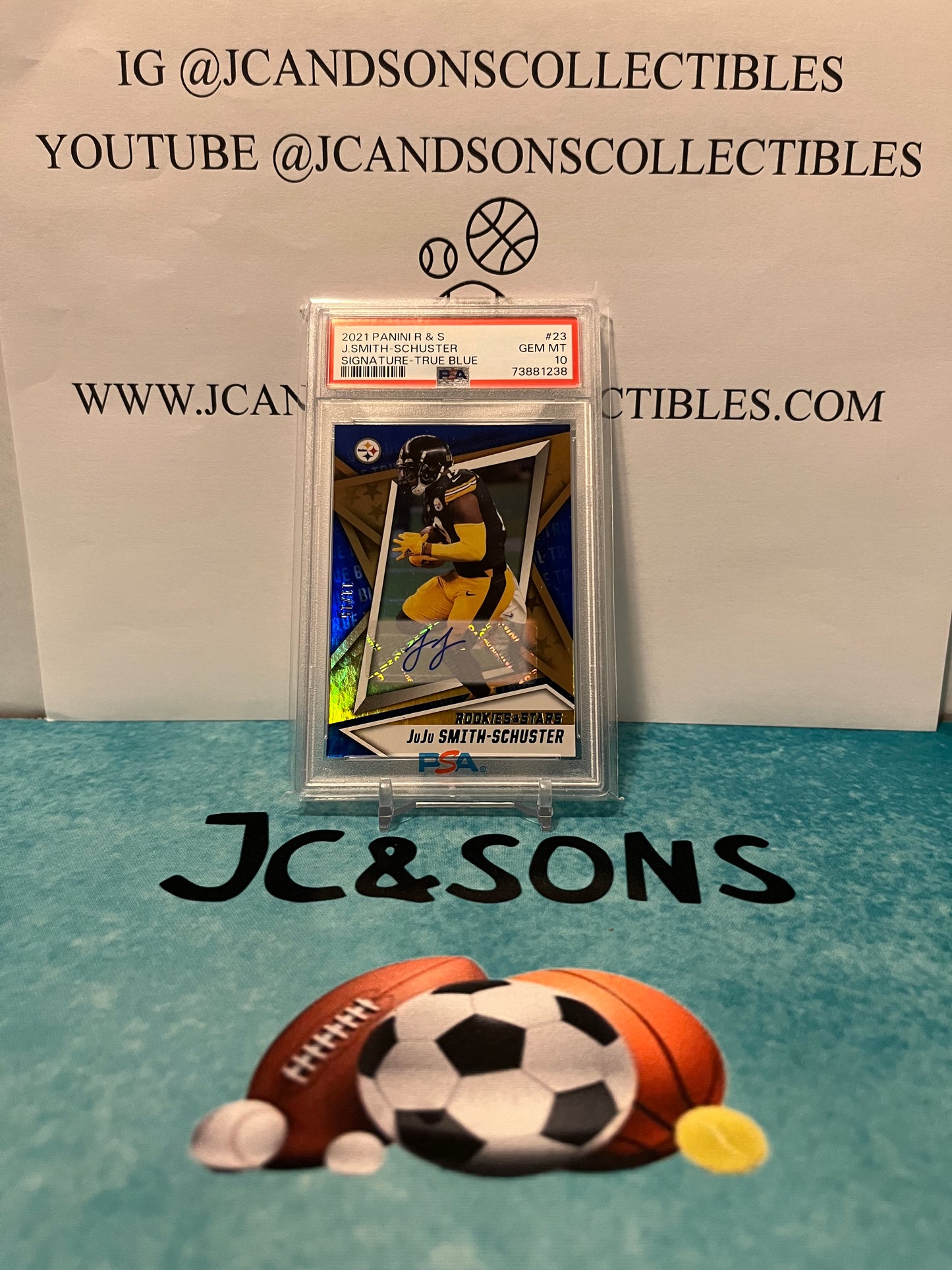 2021 Panini Rookies and Stars JJ Smith Schuster Signature True Blue /15 PSA 10 Pop 1