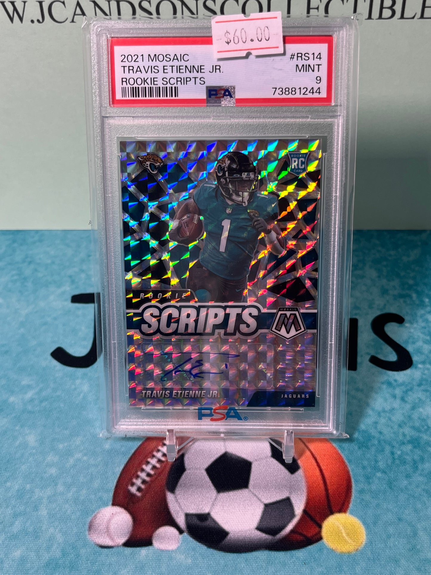 2021 NFL FOOTBALL Panini Mosaic - Rookie Scripts AUTO Travis Etienne RC Jaguars PSA 9