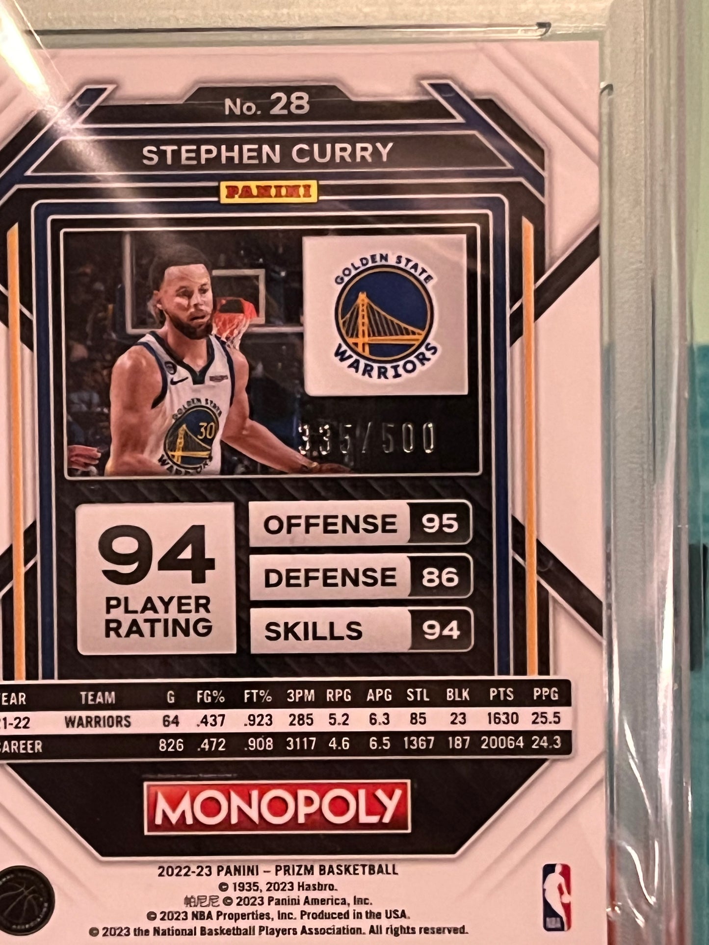 2022-23 Monopoly Prizm Stephen Curry Gold Money Shimmer Prizm #/500 PSA 9 Mint