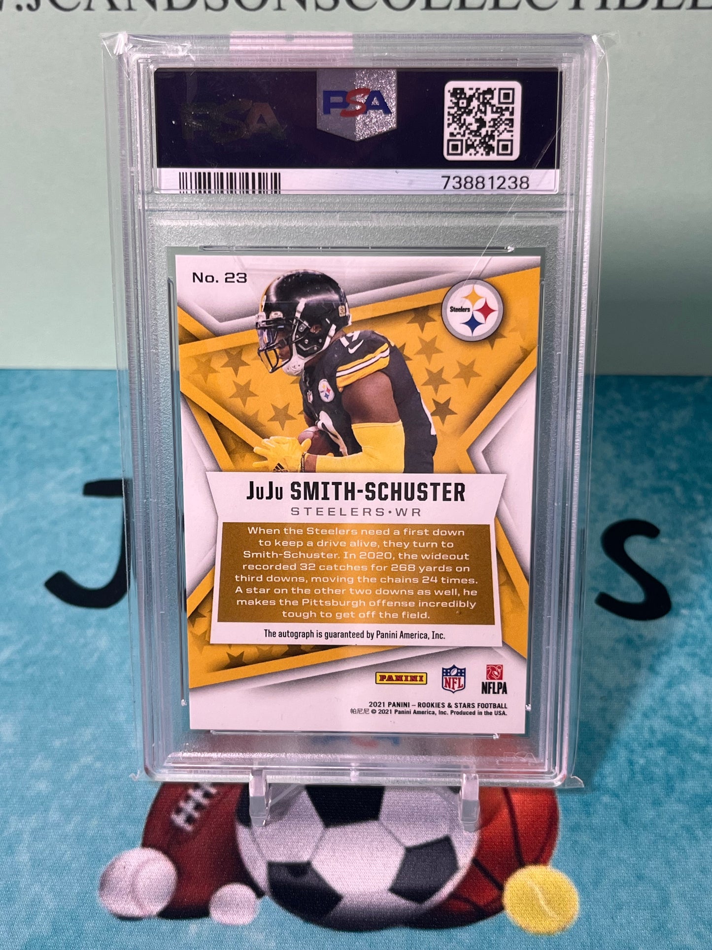 2021 Panini NFL Football Rookies & Stars Auto JuJu Smith Schuster True Blue Signature /15 PSA 10