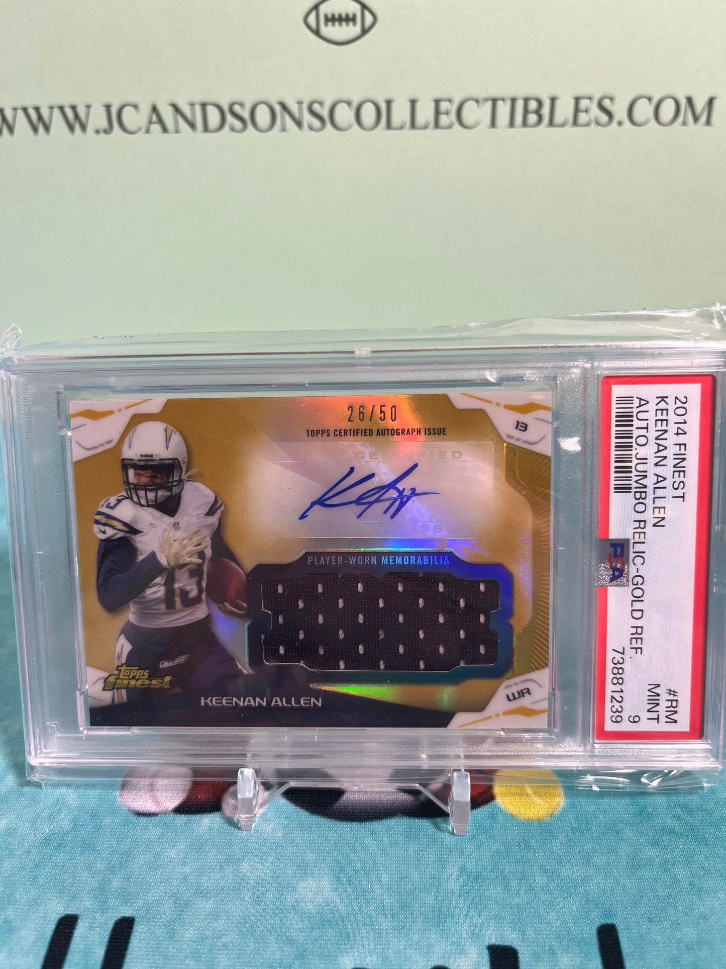 2014 Topps Finest Keenan Allen Auto Jumbo Refractor Relic Gold /50 PSA 9