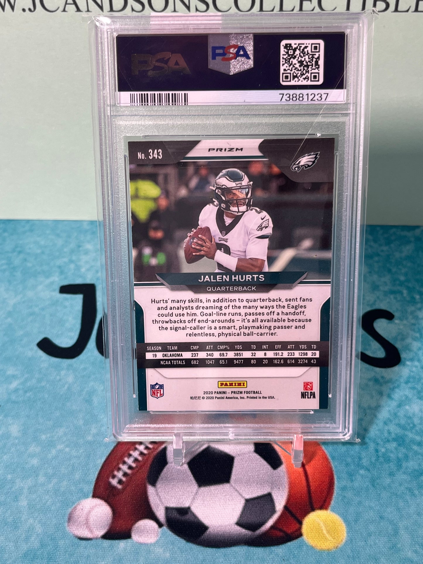 2020 JALEN HURTS NFL FOOTBALL PANINI ORANGE LAZER PRIZM RC ROOKIE PSA 10 GEM MINT #343 EAGLES