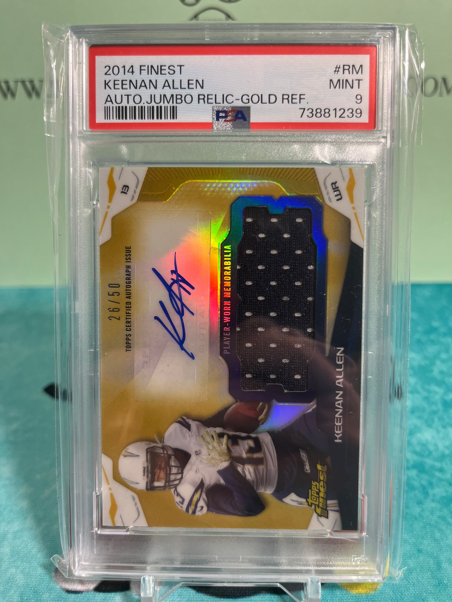 2014 Topps Finest Keenan Allen Auto Jumbo Refractor Relic Gold /50 PSA 9