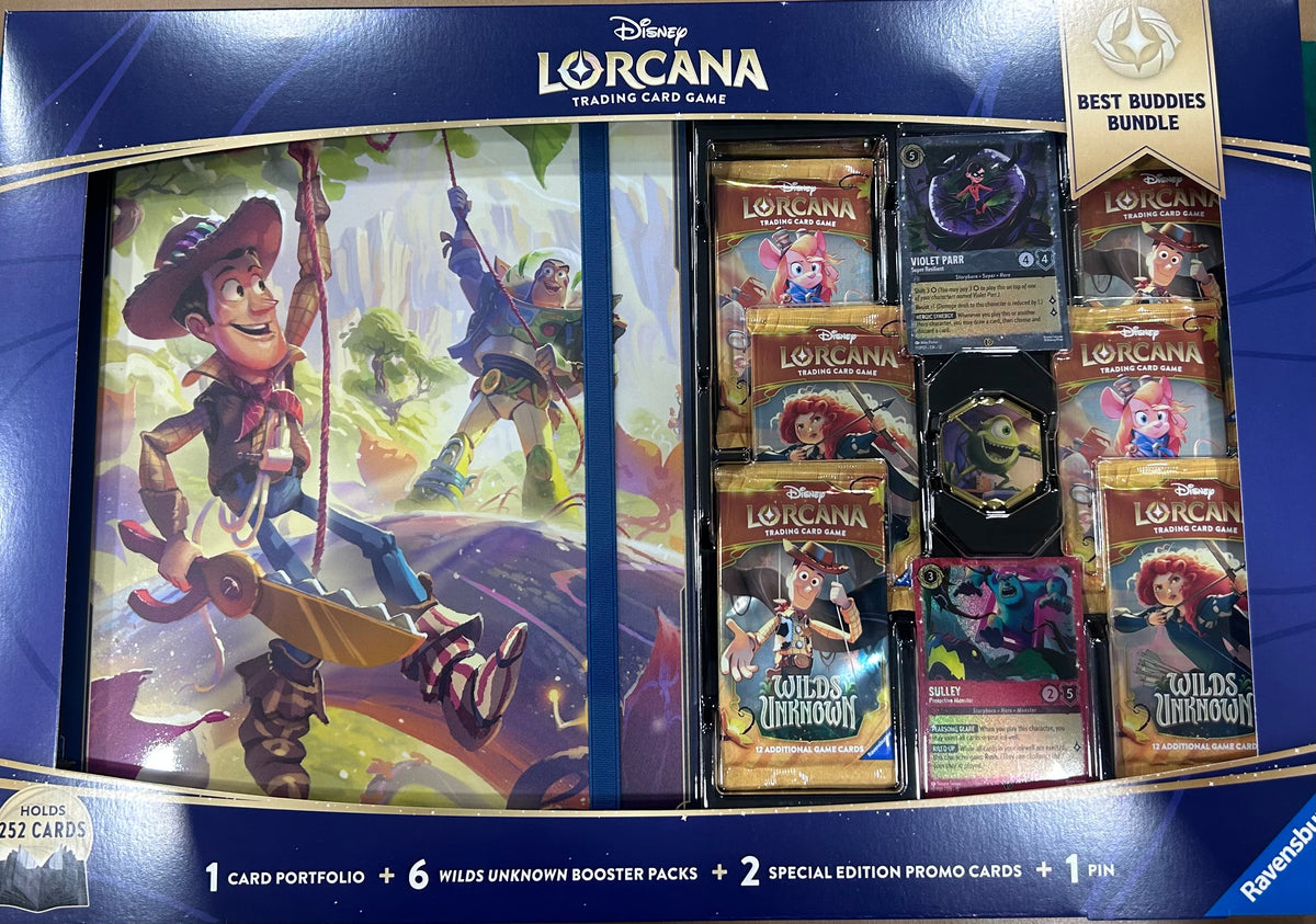 Disney Lorcana Best Buddies Bundle Card Portfolio Album Holds 252 Cards Wilds, 6 Wild Unknown Booster Packs, 2 Special Edition Promo Cards, 1 Pin