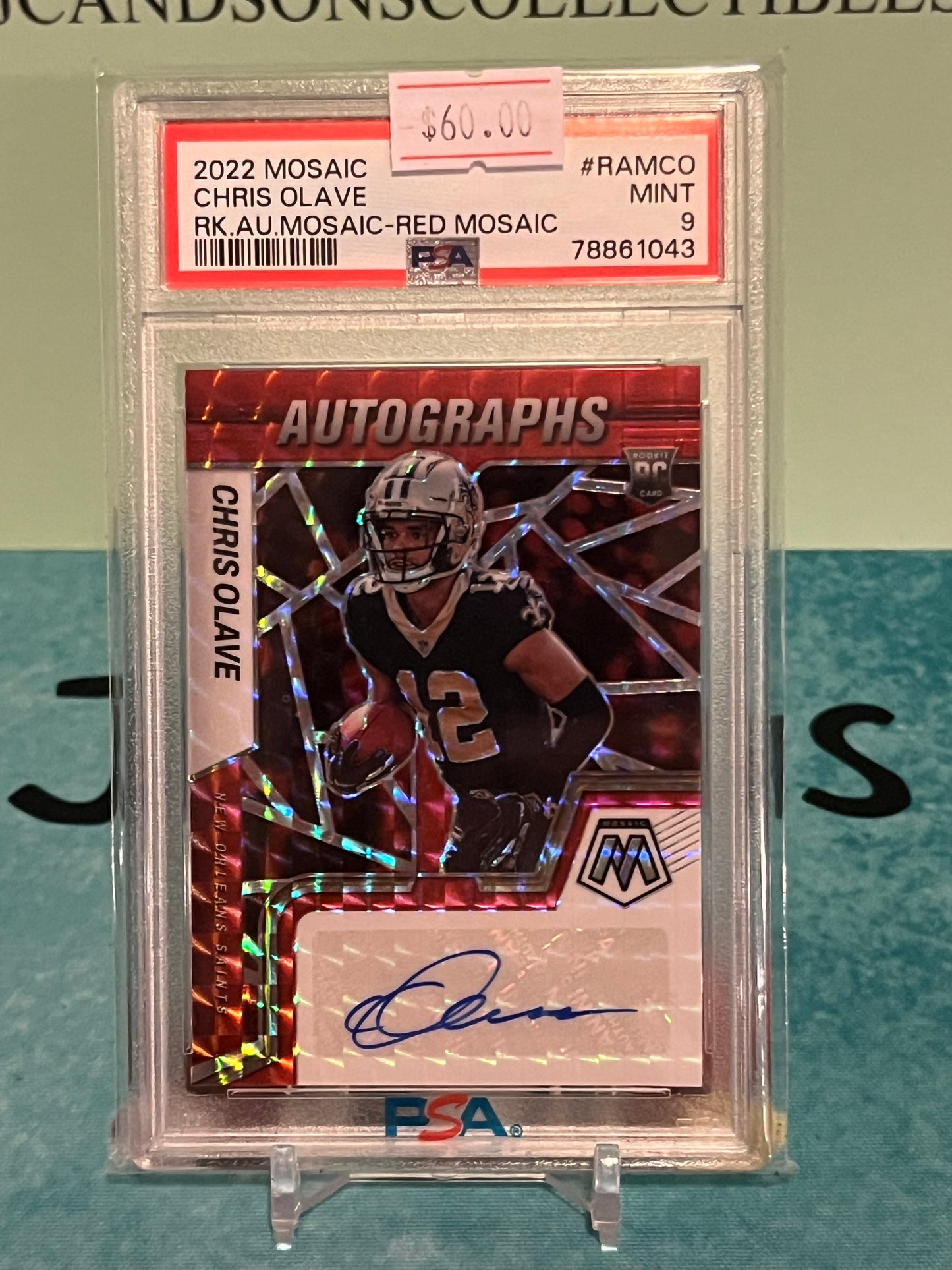 2022 Mosaic Choice Fusion Red Prizm Chris Olave Rookie Auto RC Saints PSA 9